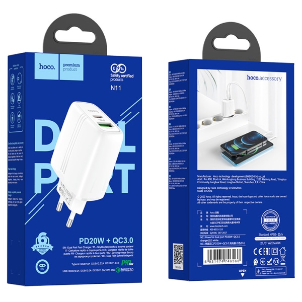 hoco. N11 Youneng dubbla portar PD20W+QC3.0 laddare för iPhone12