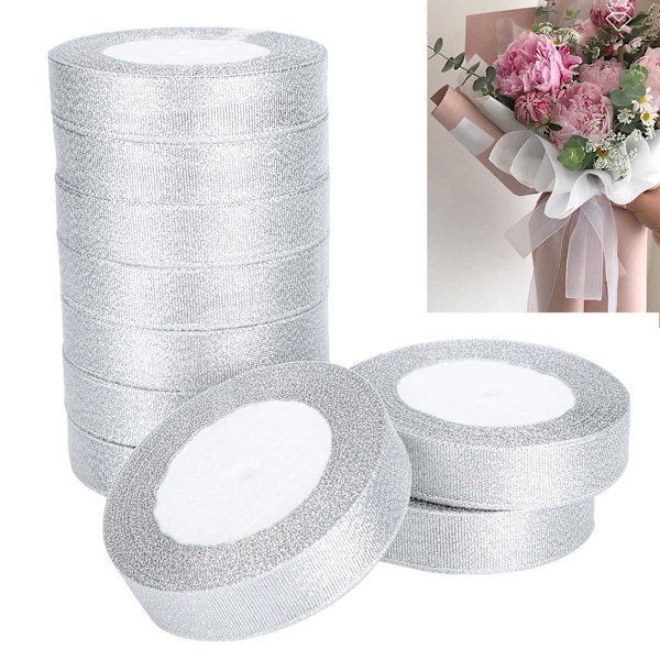 10 rullar glitter satinband polyester presentförpackning bröllopsdekoration festtillbehör silver