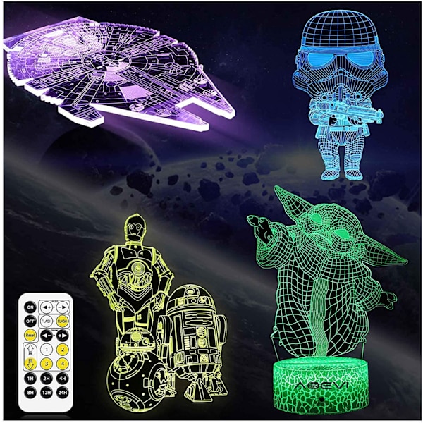Star Wars-gåvor 3D nattlampa för barnrumsinredning, Star Wars-leksaker med 7 färger som byter Starwars-lampa med fjärrkontroll och timer, gåvor till bror