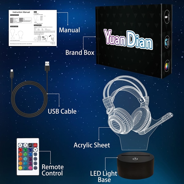 Högtalare 3D Nattlampa, YuanDian Kreativ Headset Illusion LED-lampa