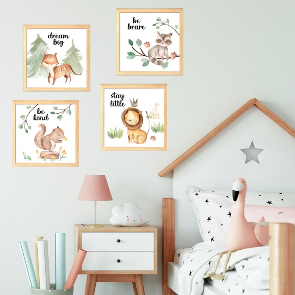 Baby Room Decoration Cartoon Animals Pictures - 4 Pack Theme Nursery Wall Art Decals for Boys Girls Kids Children's Bedroom