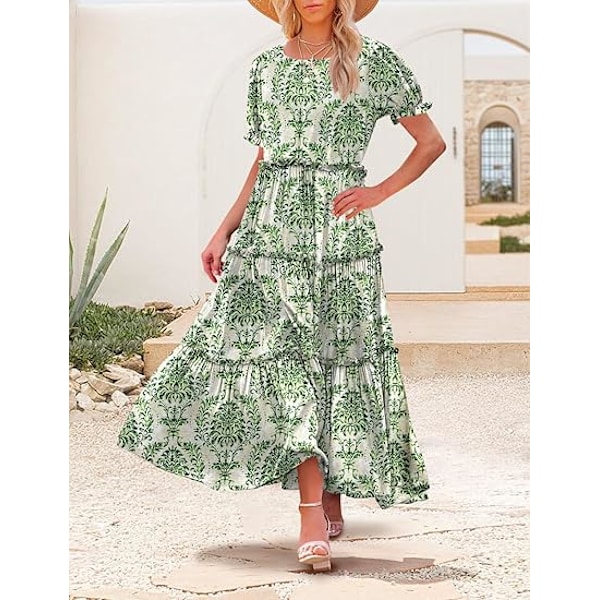 Sommer Casual Boheme Blomsterkjoler til Kvinder Puf Kortærmet Lang Maxikjole med Lommer XL