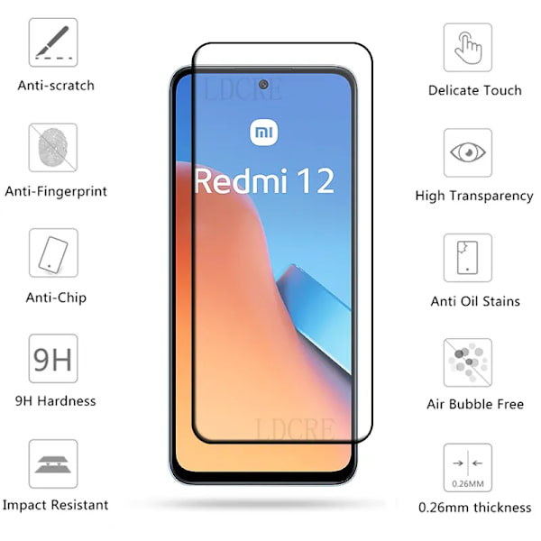 6-i-1 för Xiaomi Redmi 12 glas Redmi 12 härdat glas skyddande full täckning lim 9H HD skärmskydd Redmi 12 linsglas