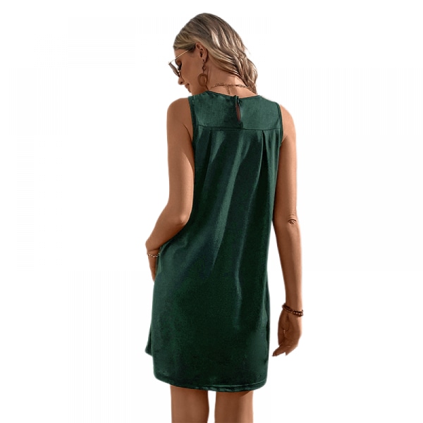 Toppveckad klänning Kort strandklänning solklänning (mörkgrön L)