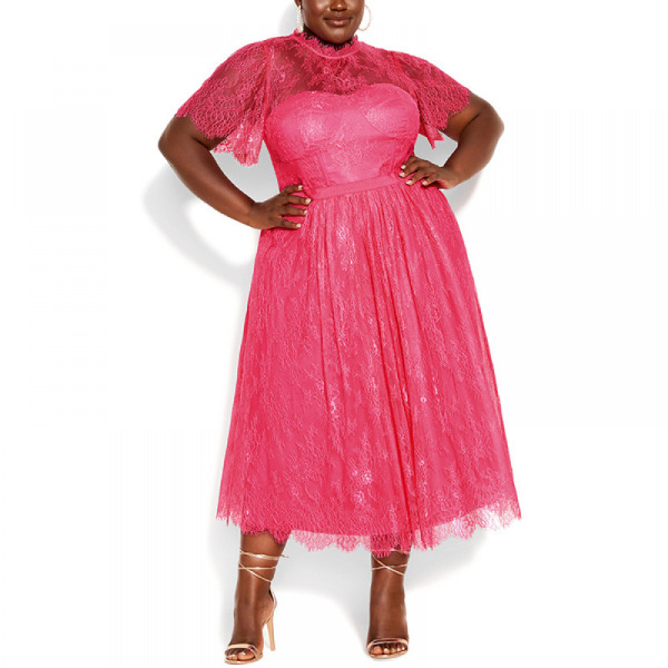 Sleeve Boat Neck Cocktail Party Swing Dress(Rose Pink 3XL)