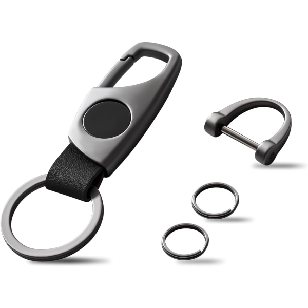 Karabinhage nøglering, nøgleringe til bilnøgle med 2 nøgleringe og anti-tabt D-ring, multifunktionelle lædernøgleringe til mænd og kvinder – grå (sort læder) Grey Black Leather
