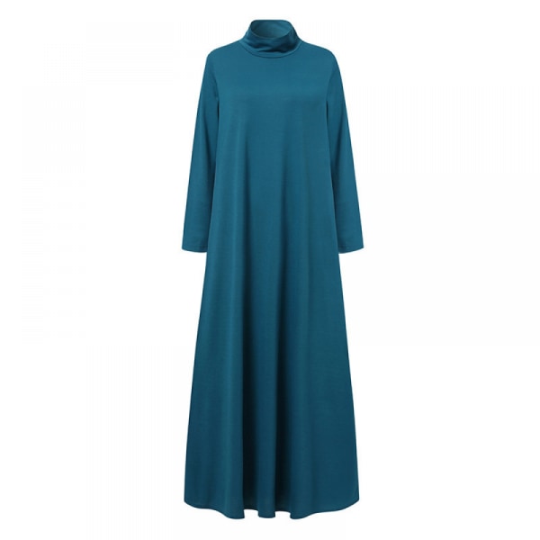 Mode kvinnor hög långärmad klänning lång kjol (blå L)