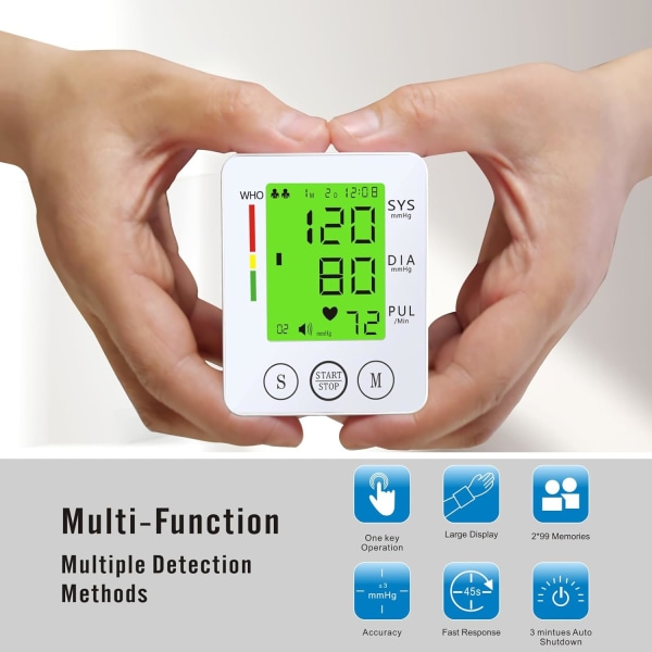 Ranneverenpainemittari, rannemansetin automaattinen rannehihna digitaalinen säädettävä koti BP:n kanssa suuri LCD-näyttö verenpainemittari, tallentaa White