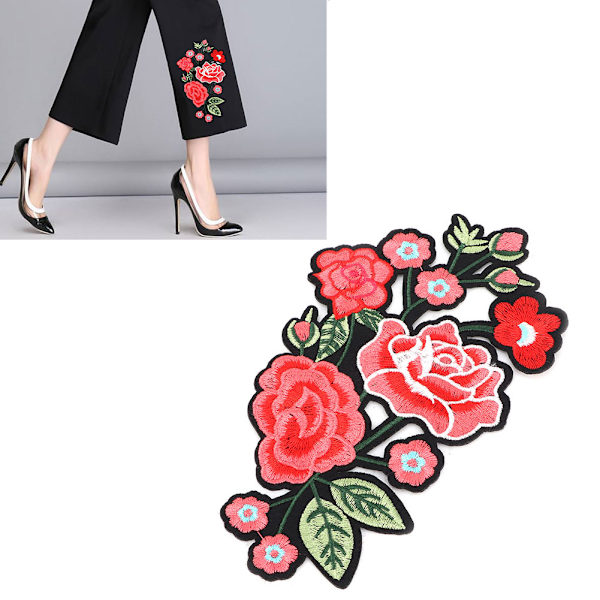 Plommonblomma Ros Broderad Patch DIY Dekoration Tyg Strykjärn Sy Märke Hantverk Tillbehör