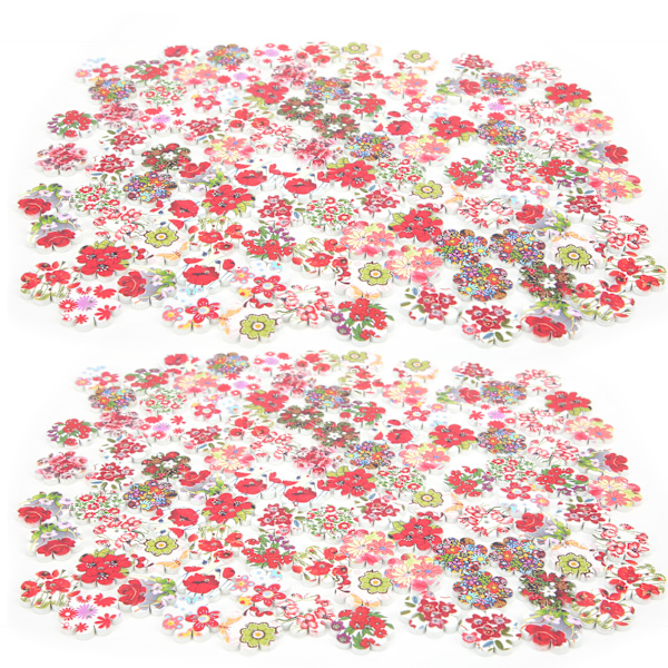 200 st målade blommor knappar i trä, blandade, för gör-det-själv-sömnad och hantverk, 2 hål, 20 mm