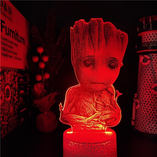 Guardians of The Galaxy Groot lampa 3D Illusion nattlampa, fjärrkontroll bordslampa, USB-laddare belysning heminredning för barn, födelsedagspresent
