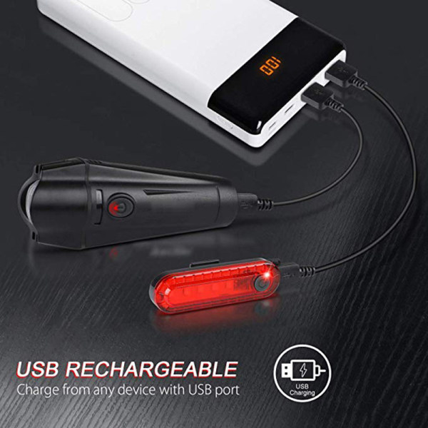 Superlys USB-genopladelig cykelforlygte og baglygte, 4 lystilstande - forlygte + baglygte (ét sæt)