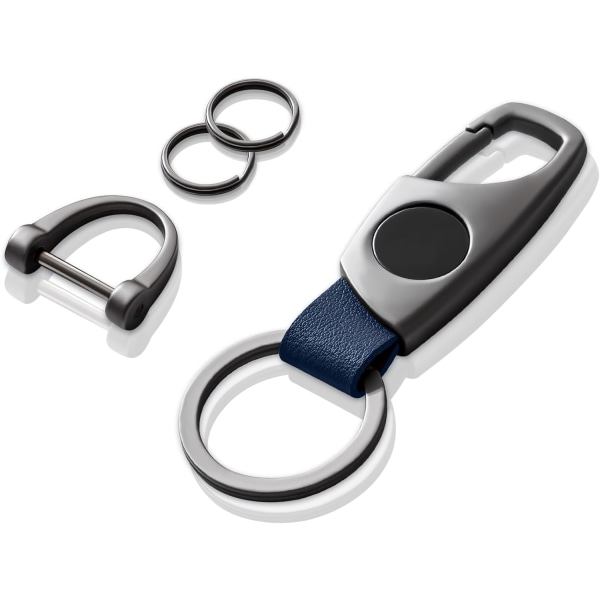 Karabinhage nøglering, nøgleringe til bilnøgle med 2 nøgleringe og anti-tabt D-ring, multifunktionelle nøgleringe til mænd og kvinder - Grå (Blå læder) Grey Blue Leather