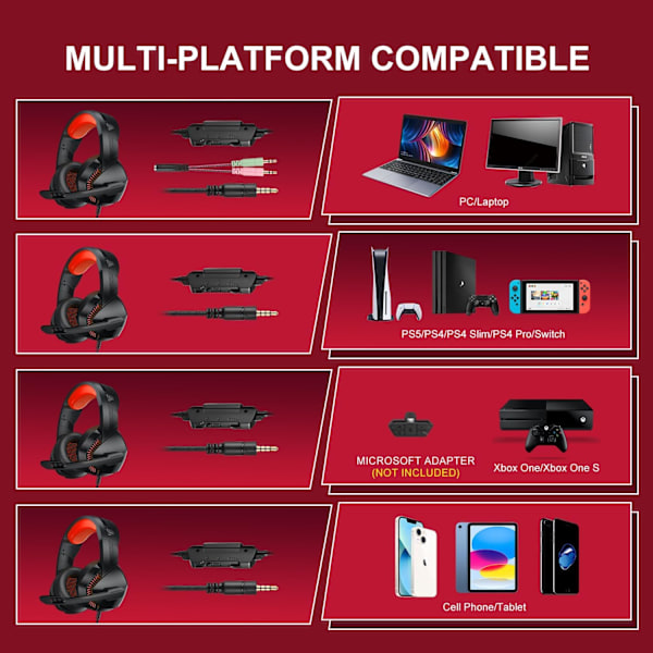 PS4 Gaming Headset med 7.1 Surround Sound, PC Headset med støjreducerende mikrofon og LED-lys, H3 Over Ear-hovedtelefoner til Nintendo Switch, PS5, Xbox On Black Red
