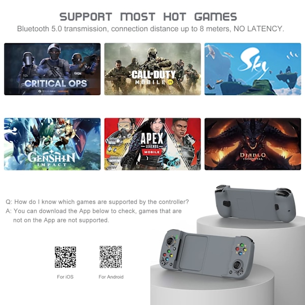 Trådlös handkontroll för Android, iPhone, Bluetooth Gamepad Joysticks för Samsung Galaxy 22/21/20, iPhone 14/14 Plus/14 Pro/14 Pro Max/13 Pro Max, COD Grey