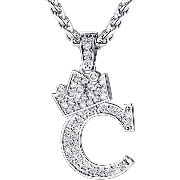 Krone Initial A-Z Halskæde, Iced Out Bogstav Vedhæng med 22-24 Tommer Kæde, Mænd Kvinder Bling Hip Hop Alfabet Navn Smykker Gave Store Initialer Halskæder C Silver