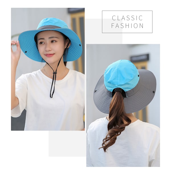 Ponnytail Damhatt för Kvinnor Sommar Sol Bucket Hat UV-skydd Safari E
