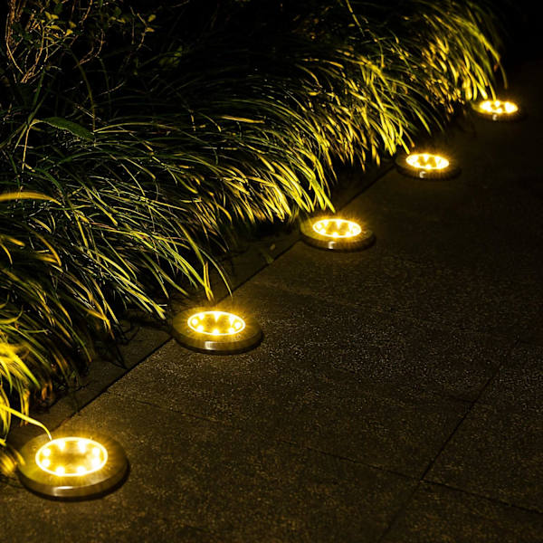 Solcelledrevne jordlys, 8 LED solcelledrevne disklys udendørs vandtætte landskabsplejelys til havegård dæk gangbro terrasse sti (8, varm W Warm White8