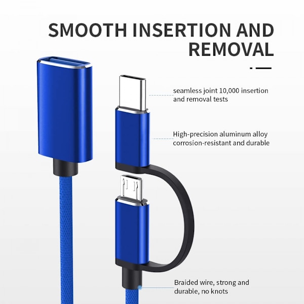 2 in 1 USB C -kaapeli YACSEJAO Type C & Micro USB -kaapeli USB 3.0 -liitäntään Nopea lataus punottu johto OTG kaikille Android -laitteille Älypuhelimet，Tabletit，MP4 ja