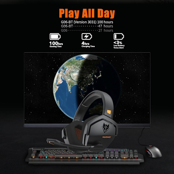 G06 Trådløst dobbelt gaming-headset med mikrofon for PS5, PS4, PC, mobil, Switch: 2,4 GHz trådløs + Bluetooth - 100 timers batteri - 50 mm drivere - Oran Orange