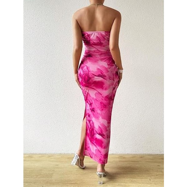 Sommerkjole til kvinder med print, stropløs tube top kjole, bodycon maxikjole med sideslids og lag af mesh L