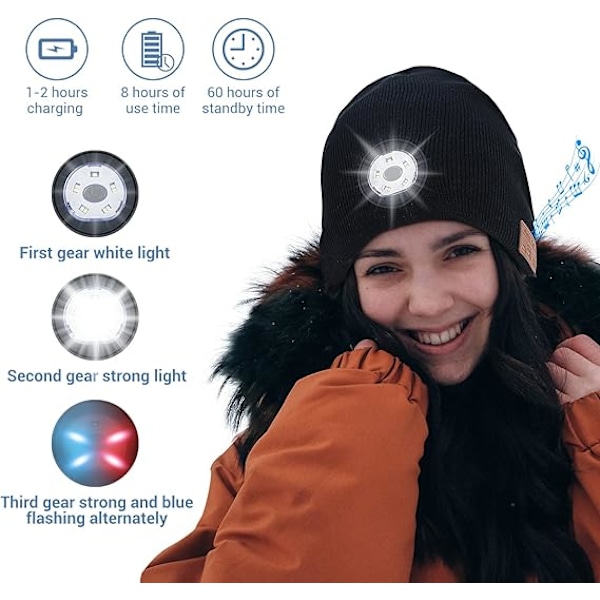 Bluetooth-mössa med LED-ljus, trådlös musikalisk stickad mössa med stereohörlurar för löpning, vandring och jogging