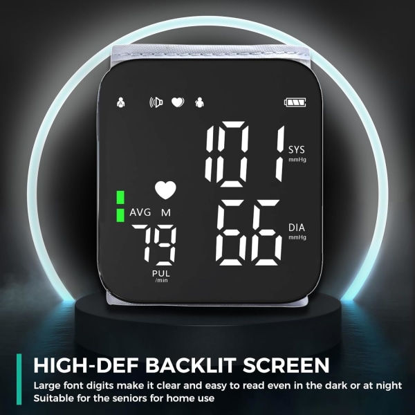 Blodtrycksmätare för handled, blodtrycksmätare för hemmabruk 2X90 avläsningsminne Stor LED-skärm Automatisk blodtrycksmätare Uppladdningsbar blodtrycksmätare