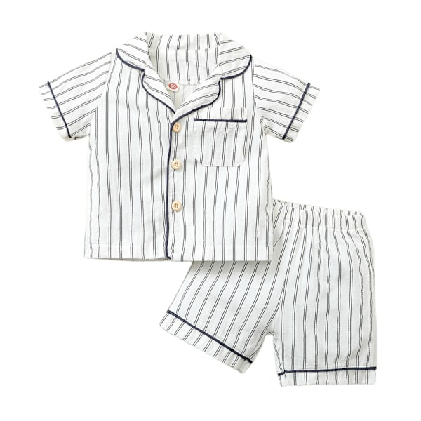 Randig pyjamas med kort ärm för småpojkar, L (vit)