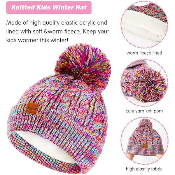 Vintermössa, Vantar och Halsduk Set för Barn, Flickor Barnmössor Beanie med Pom Pom Stickad Halsvärmare Gaiter Vantar Fleecefodrad Set Rainbow