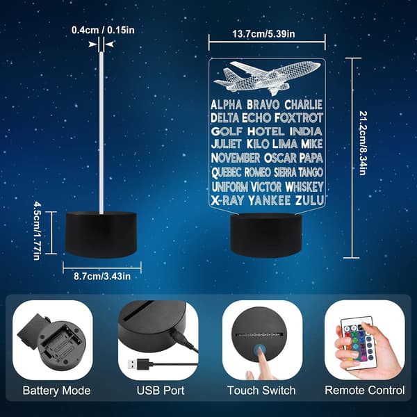 Pilot Code Fonemtisk Alfabet Natlampe, Fly 3D Illusion Lampe