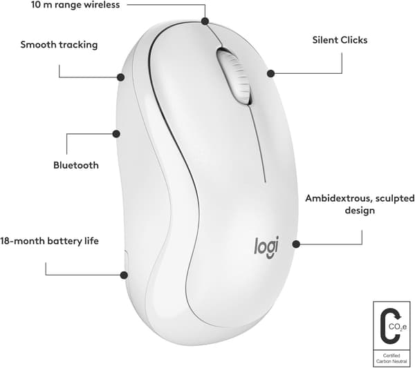 Logitech M221 Trådlös Bluetooth-mus, Kompakt, Smidig Spårning, 18 Månaders Batteritid för Windows, macOS, ChromeOS, Linux, Kompatibel med PC, Mac, Bärbara datorer White