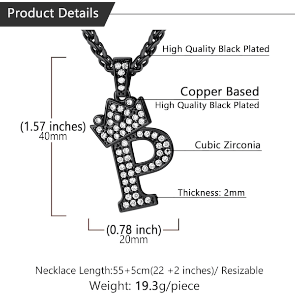 Krone Initial A-Z Halskæde, Iced Out Bogstav Vedhæng med 22-24 Tommer Kæde, Mænd Kvinder Bling Hip Hop Alfabet Navn Smykker Gave Store Initialer Halskæder P Black