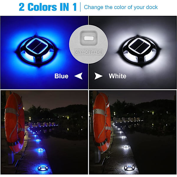 Solcelledrevne indkørselslamper Dock Marine Lights 8-pak, 2 farver i 1, udendørs LED-dæklys, solcelledrevne vandtætte indkørselsmarkørlys til advarselsste White Blue8