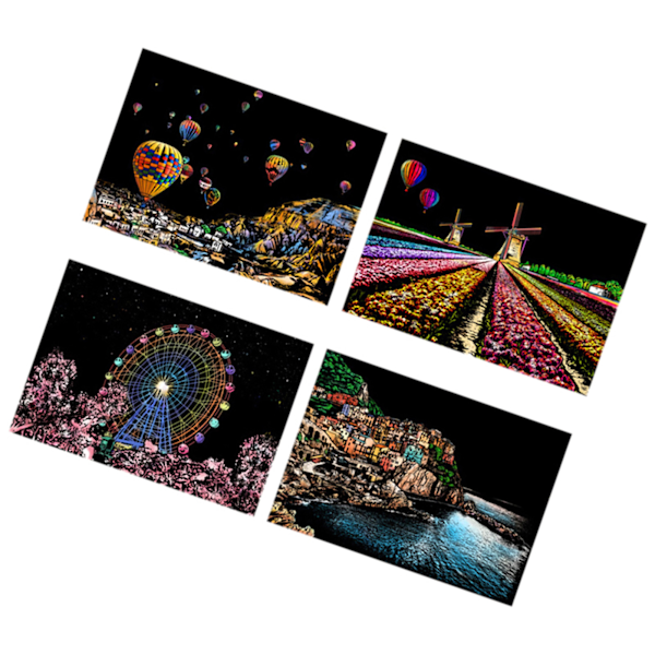 4 ark Scratch Paper DIY Hantverk A4 Vit Kartong Landskap Scratchboard Scratch Målning Papper Europeisk Stil