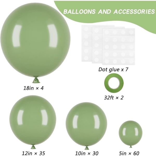 129 stk. salviegrønne balloner Latex balloner i forskellige størrelser 18 12 10 5 tommer olivengrøn festballon sæt til fødselsdagsfest dimission baby shower bryllup Sage Green