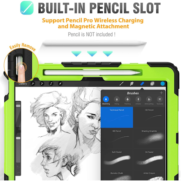 Cover til iPad Air 13 tommer (M3 2025) & (M2 2024), Sh0ckproof Design med Pencil Holder/Skærmbeskytter/Roterende Håndrem, Beskyttelse Green New iPad Air 13 20242025