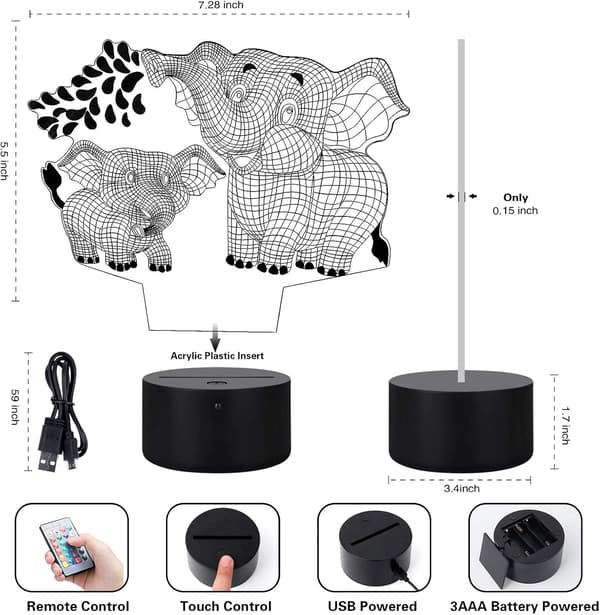 Elefant 3D Lampe Nattlys, LED Illusionsnattlys Soveromsdekor Lys med Dimmefunksjon