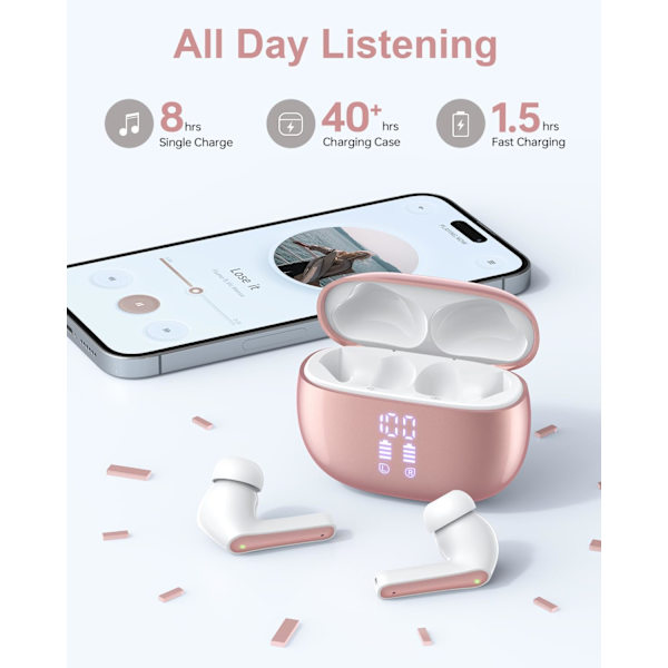Langattomat nappikuulokkeet Bluetooth-kuulokkeet, 40 tunnin toistoaika Stereo IPX5 vedenpitävät nappikuulokkeet, LED-virranäyttö Langattomat nappikuulokkeet mikrofonilla Pink