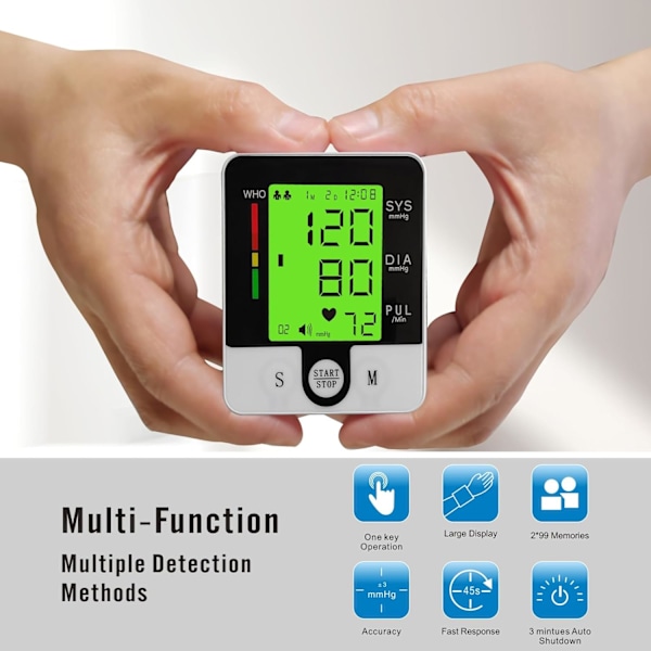 Handledsblodtrycksmätare, handledsmanschettmonitor automatisk handledsband digital justerbar hem BP med stor LCD-display blodtrycksmätare, lagrar Black