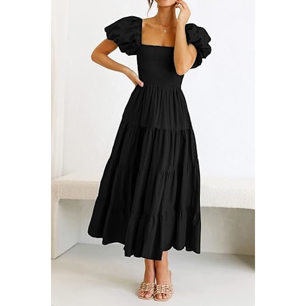 Dame 2025 Sommer Casual Midi Kjole Puf Korte Ærmer Firkantet Hals Smock Tiered Flæsekjoler L