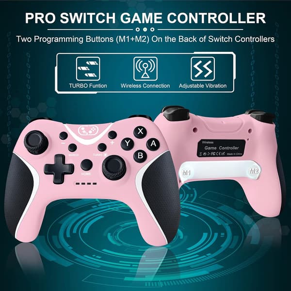Trådløs Switch-controller Pink, Nintendo Switch-controller til Nintendo Switch/Lite/OLED/Windows PC med programmerbar/vibrations-/turbofunktion, Switch pink