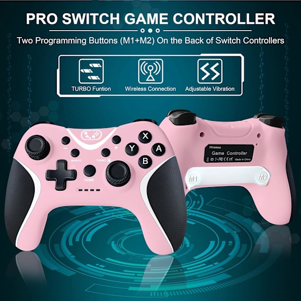 Trådløse brytere kontrollere rosa, Nintendo Switch-kontroller for Nintendo Switch/Lite/OLED/Windows PC med programmerbar/vibrasjon/turbofunksjon, bryter pink