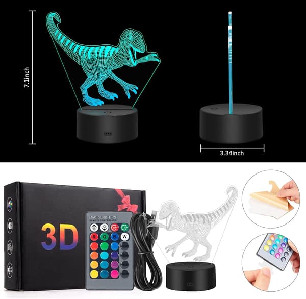 3D Dinosaur Natlampe til Børn 16 Farver Børn Optisk