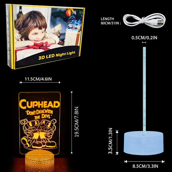 Cuphead Mugman 3D Yövalo, 16 Väriä Vaihtuva Cartoon USB Työpöytälamppu Mecup ja Brocup Illuusiovalaistus