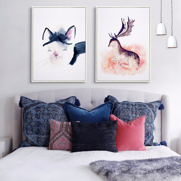 Katte, flamingoer og elg vægkunst lærredstryk plakat, enkel mode akvarel