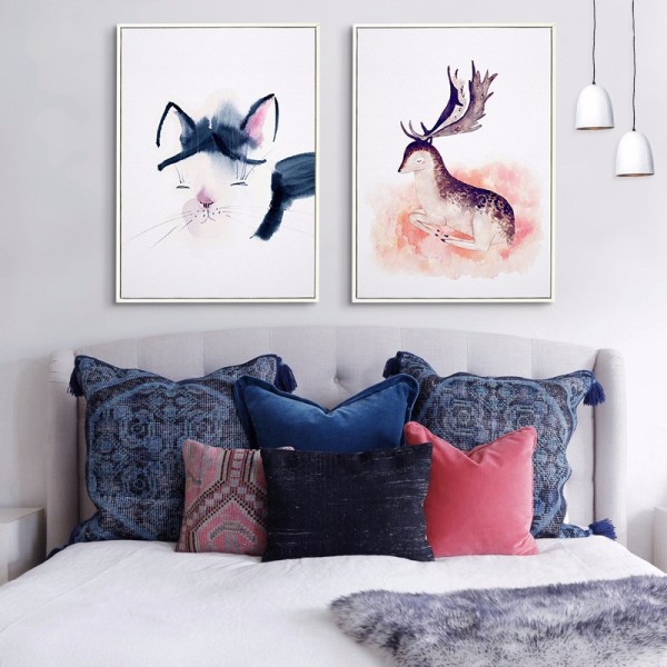 Katter, flamingor och älgar väggkonst Canvas print affisch, enkel mode vattenfärg