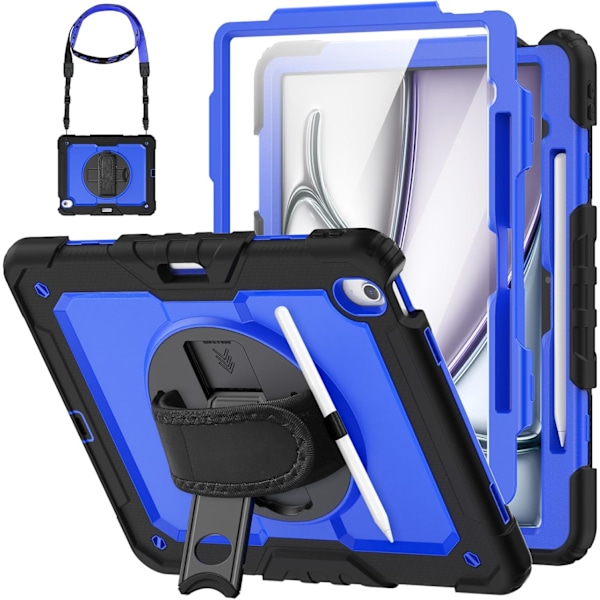 Cover til iPad Air 13 tommer (M3 2025) & (M2 2024), Sh0ckproof Design med Pencil Holder/Skærmbeskytter/Roterende Håndrem, Beskyttelse Blue New iPad Air 13 20242025