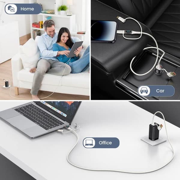 USB-C til Multiladerkabel, USAMS 100W 4FT 5A Type C til Type C Rask Laderledning med LED-skjerm 5-i-1 C/A til C/Micro/IP Synkroniseringsladeradapter White 2m