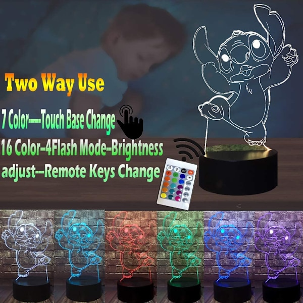 Lilo og Stitch Lampe for Soverom 3D Visuell Tegneserie LED Nattelys 7 Farger USB Berøringsfjernkontroll Endre Romdekorasjon Bord Stemnings Lava Baby Sove Lys