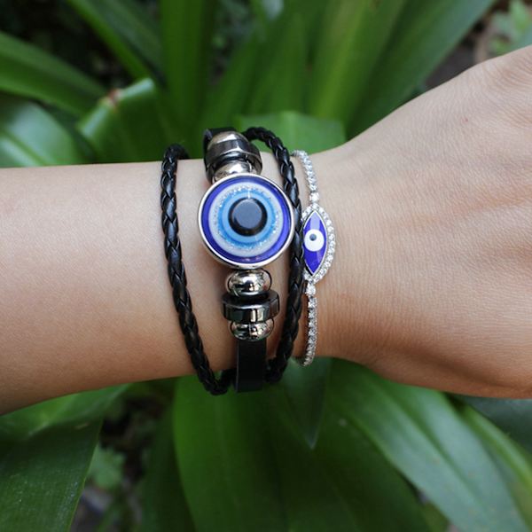 Blå onda ögats armband i turkisk stil, justerbar längd, handvävt läder, herr